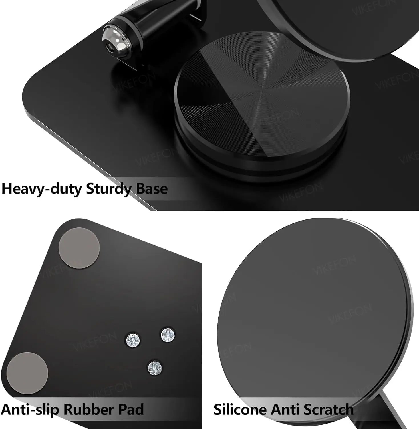 Soporte y portateléfono magnético circular negro para iPhone pro max con un acabado de metal cepillado texturizado y una superficie de silicona antirrayaduras.