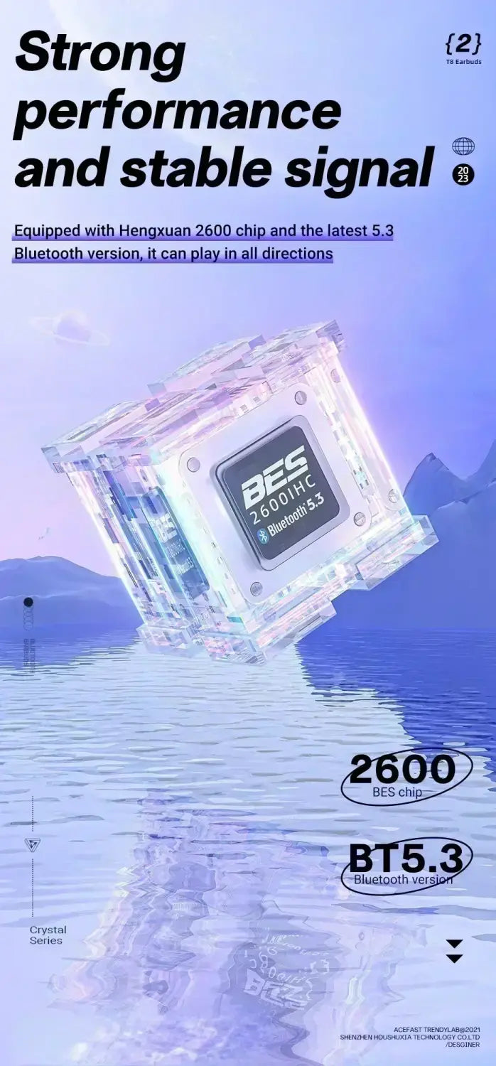黒いラベルに「bes 2600hc」が表示され、ワイヤレスイヤホンのデジタル表示付き充電ケース製品の一部として、Bluetooth 5.3が記載された、透明なクリスタル調のキューブ形状Bluetoothスピーカーです。