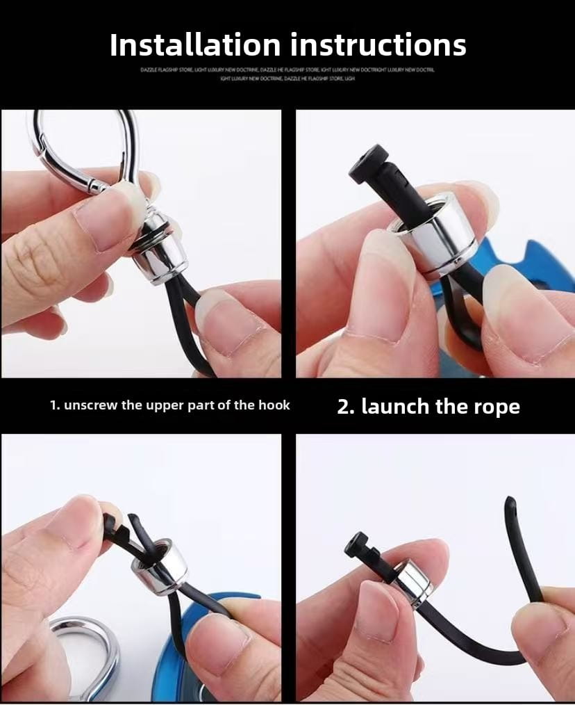 Llavero de mosquetón magnético metálico con tono plateado y con cuerda de goma negra, con mecanismo de cierre ajustable, diseñado como anillo de llaves anti-pérdida.