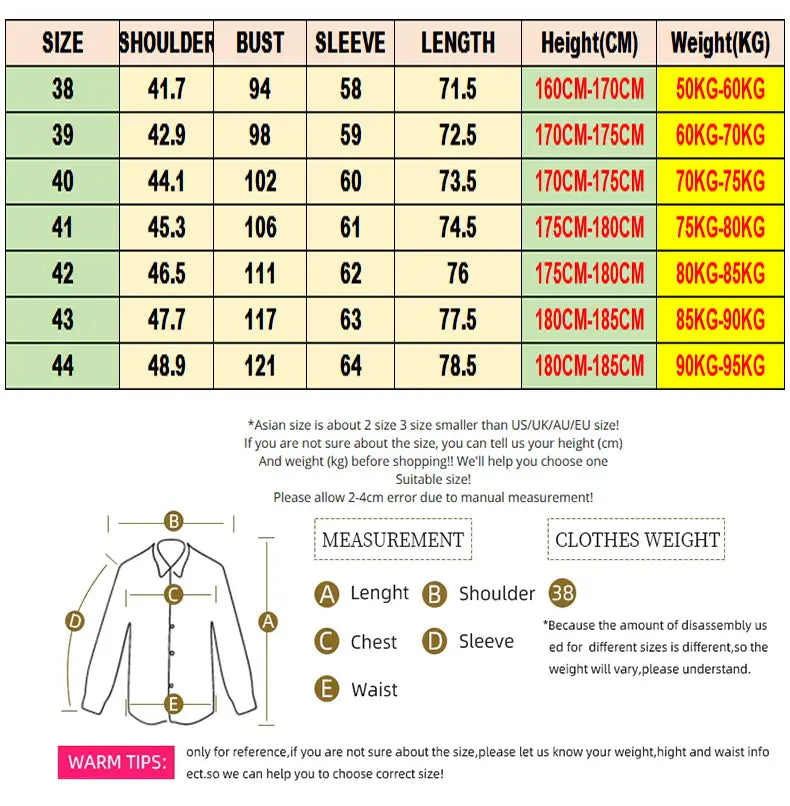 Size chart for a women’s long-sleeved button-up shirt showing measurements and weight ranges by size in the men cotton oxford long sleeve casual shirt product.