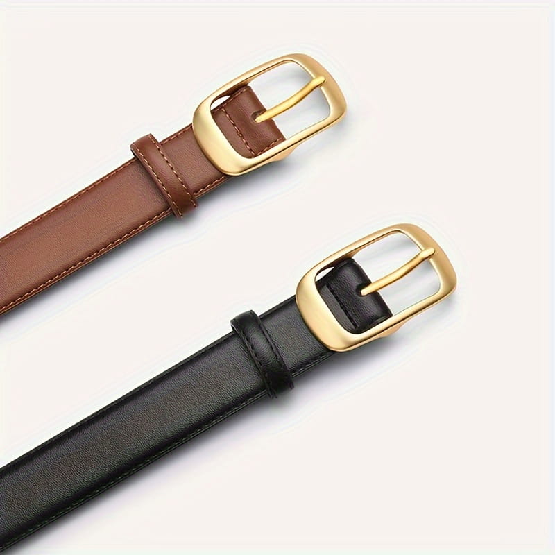 Ceintures en cuir pour femmes en cuir marron et noir avec boucles rectangulaires à tons dorés, adaptées comme sangles pour jean