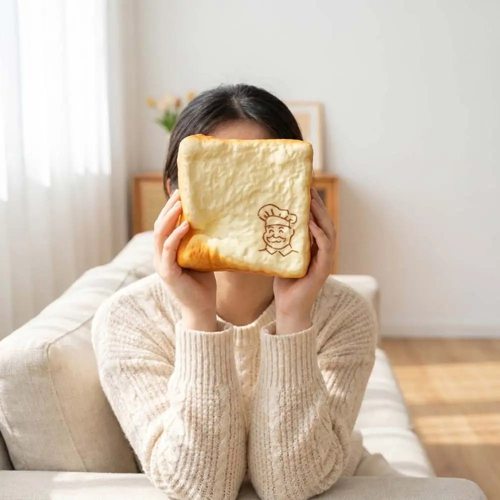 A plush square-shaped bread squishy toy with a golden-brown crust, soft beige interior, and a small embroidered chef’s face on the front, designed as a sensory fidget toy for a universal age range.