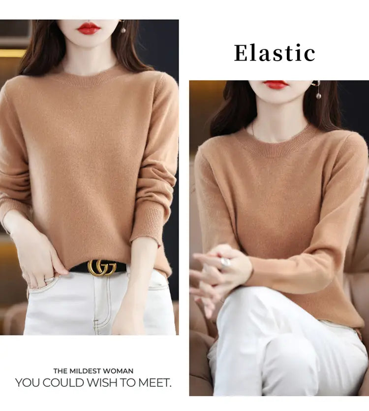 A soft camel-colored pure wool cashmere long-sleeved o-neck pullover sweater with ribbed cuffs.