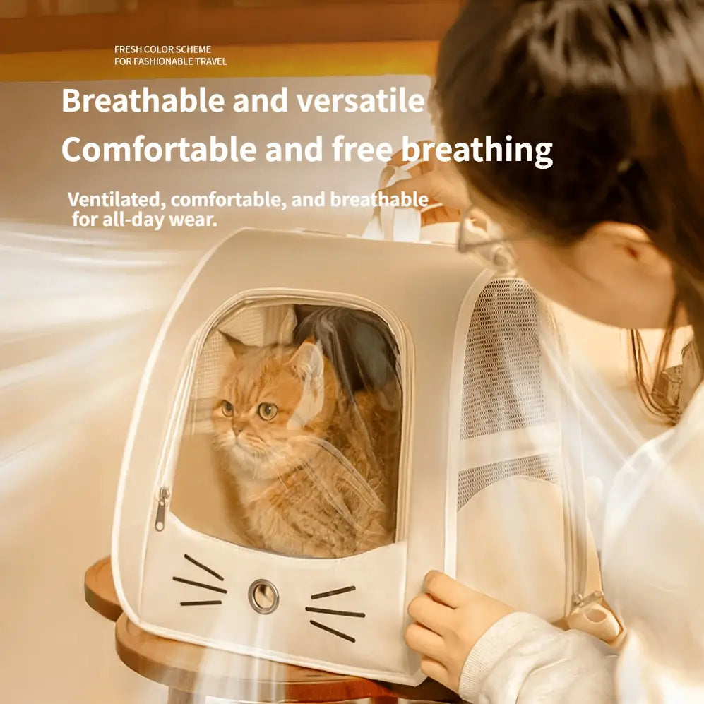 Ensemble sac à dos pour chat et serviette à thème chat blanc, sac de transport pour animal portable avec côtés en maille et fenêtre transparente pour la ventilation.