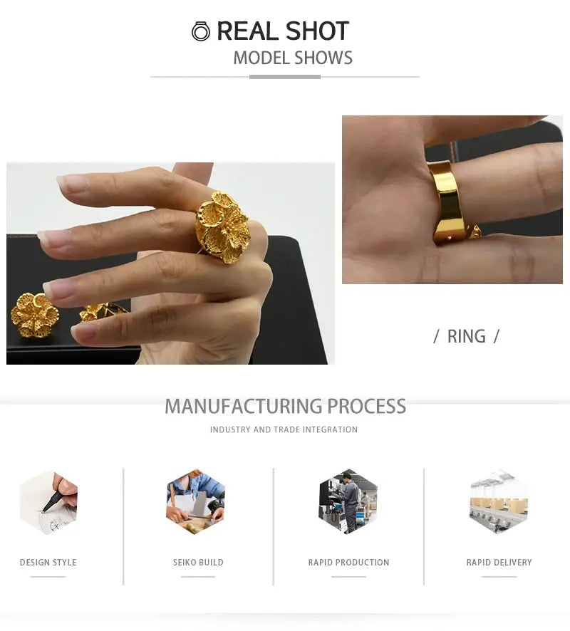 Gold flower-shaped 24k gold plated dubai spiral ring for women featuring intricate petal details and a polished metallic finish.