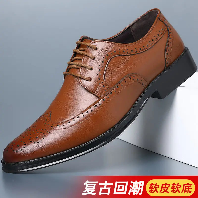 Men’s leather brogue dress shoe in brown with perforated detailing and a black rubber sole.