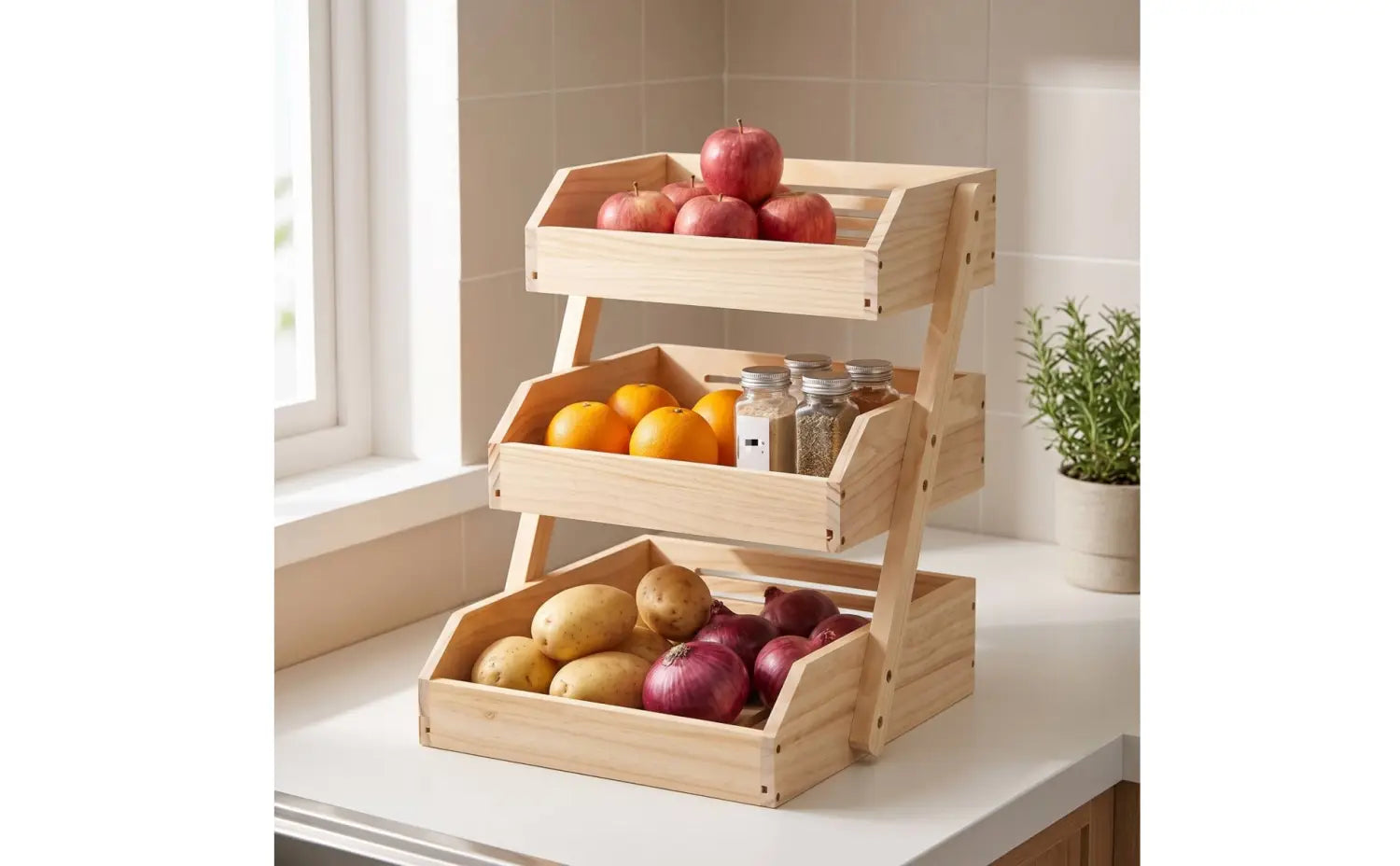 Organisateur de plan de travail en bois à trois niveaux, support de rangement avec finition naturelle, pour y conserver des pommes, des oranges, des pommes de terre et des oignons.