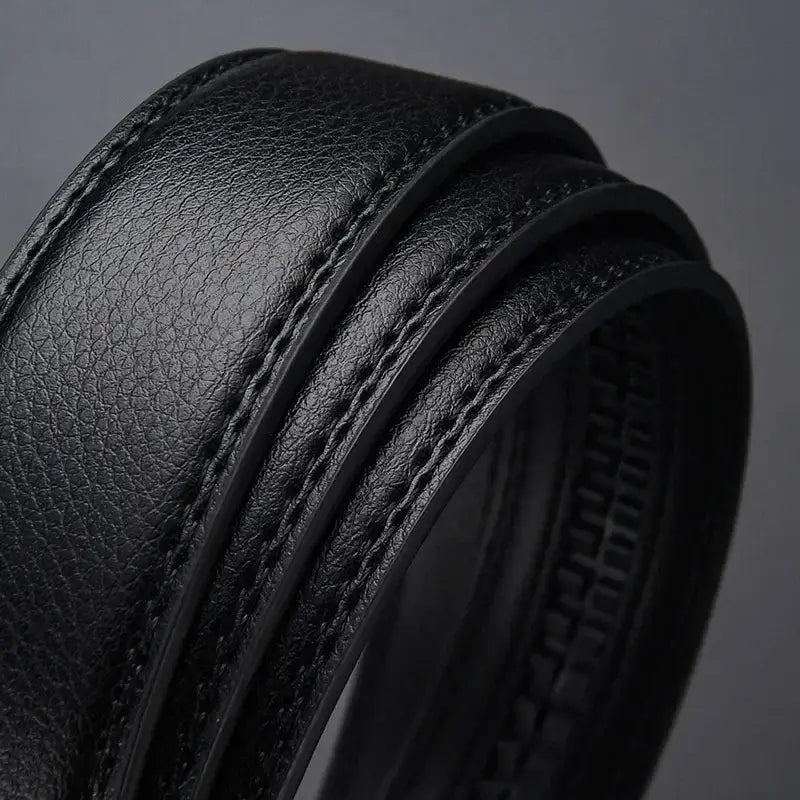 Mens automatic leather belt with black textured leather and precise stitching featuring a silver buckle.