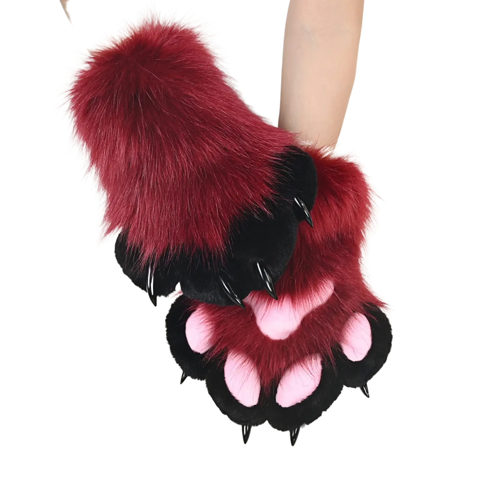 Guantes de piel sintética con forma de pata de animal en rojo y negro, con suelas acolchadas rosas y garras negras pronunciadas, visibles desde el ángulo superior.
