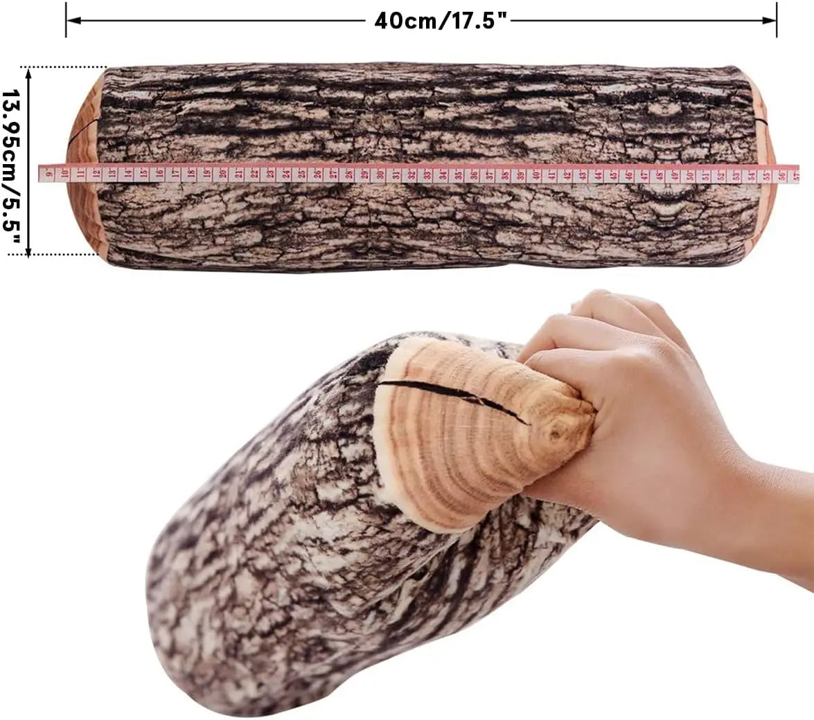 A plush cylindrical log throw pillow featuring realistic wood grain texture in shades of brown and gray with a light wood-colored cut end.