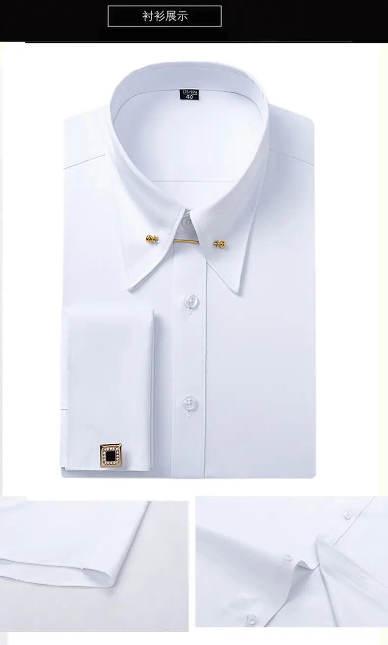 une chemise habillée classique à col français à poignets boutonnés en fibre de bambou pour homme, blanche, avec des boutons de manchettes de couleur or et une broche de barre de col assortie
