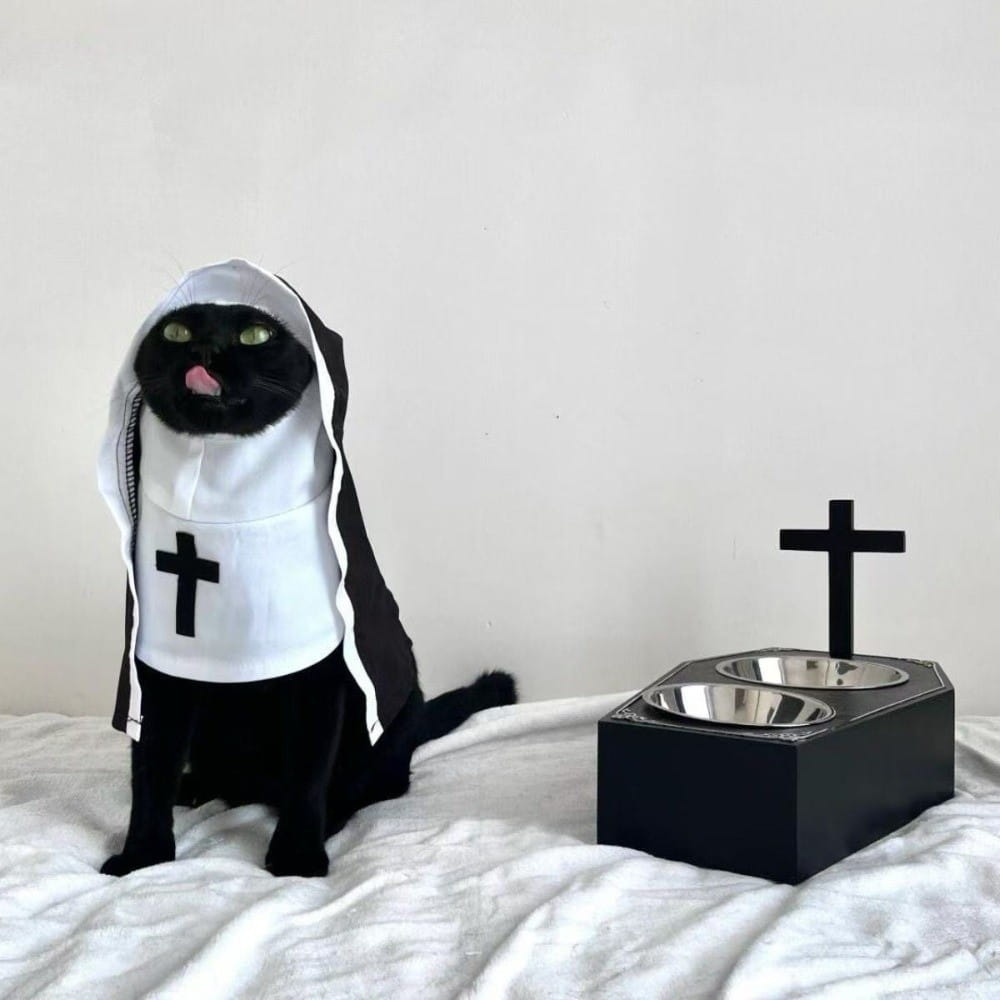 ポリエステル繊維製の黒い十字のエンブレムが付いた、黒いフード付きのペット犬猫の尼僧コスチュームを着用した黒猫