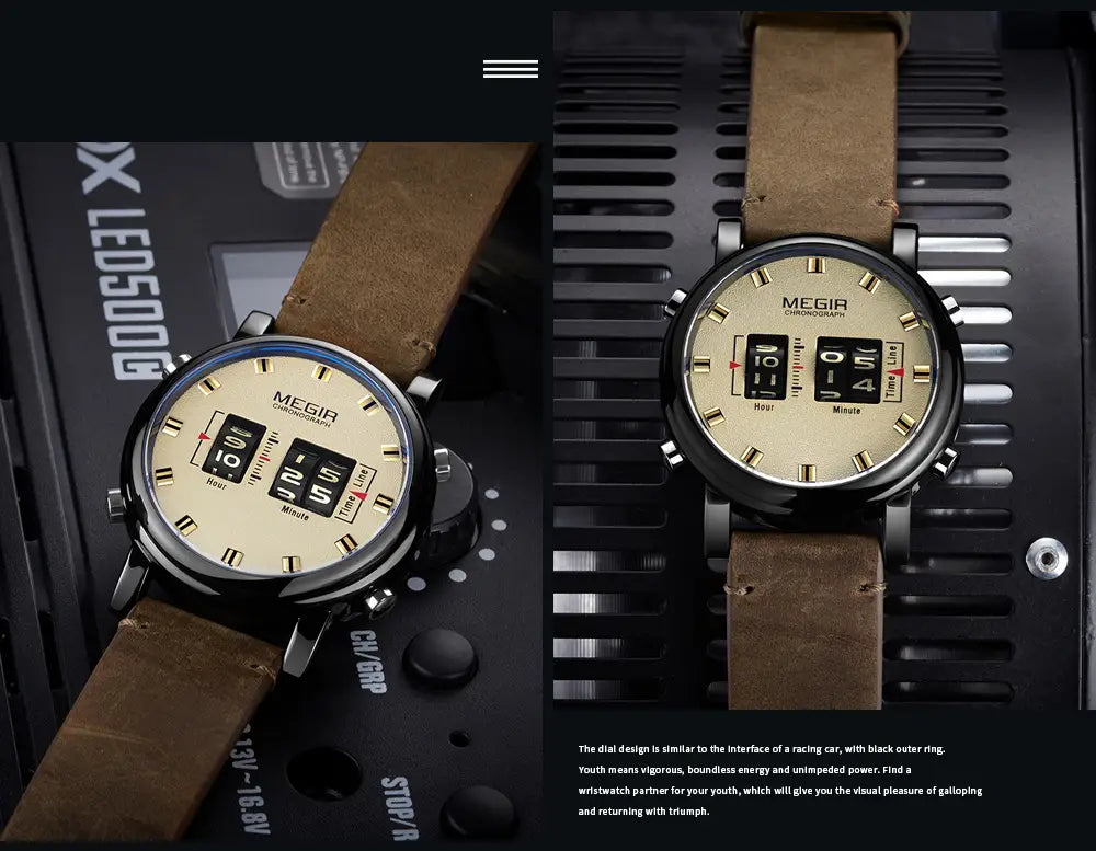 Black and beige digital chronograph megir military quartz watch with brown leather strap displayed on a white background.
