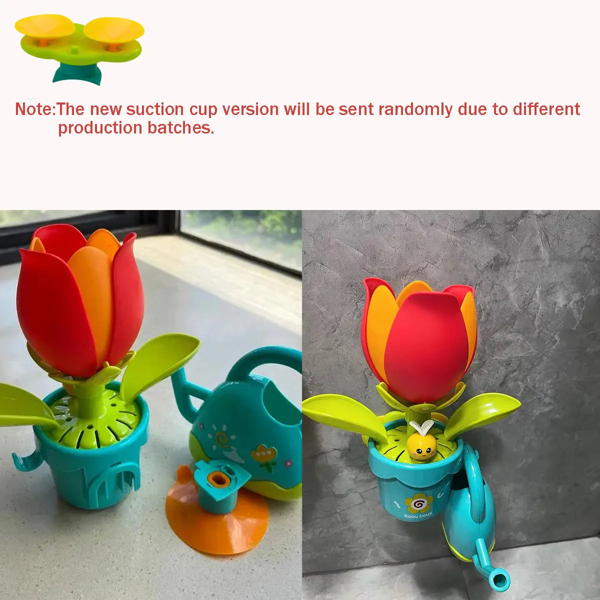 明るい赤とオレンジのチューリップ形状の吸盤ホルダーで、緑の葉が付いており、「Duck Waterwheel Bath Toy Suction Cup Kids Tub Set」に含まれる壁面取り付け用に設計されています。