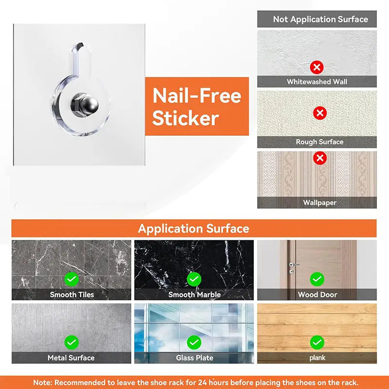 clear transparent nail-free sticker with silver metallic hook for mounting the foldable shoe storage hanger for rv and wardrobe on smooth surfaces.