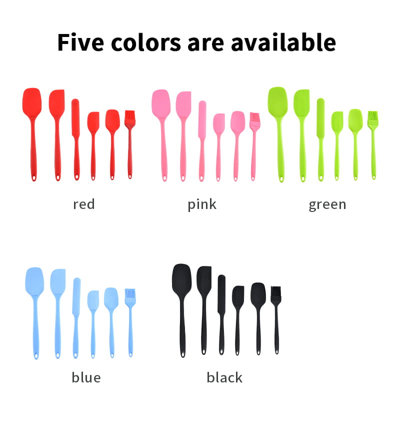 Set of silicone kitchen utensils in red pink green blue and black colors designed as a black silicone kitchenware set and baking tool.