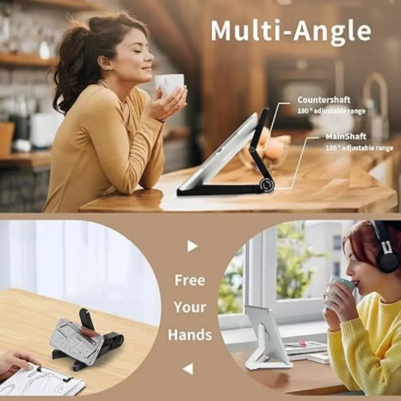 black foldable tablet phone stand made of durable material with a 180-degree multi-angle adjustable design for versatile viewing positions ideal for portable monitor and tablet phone stand use