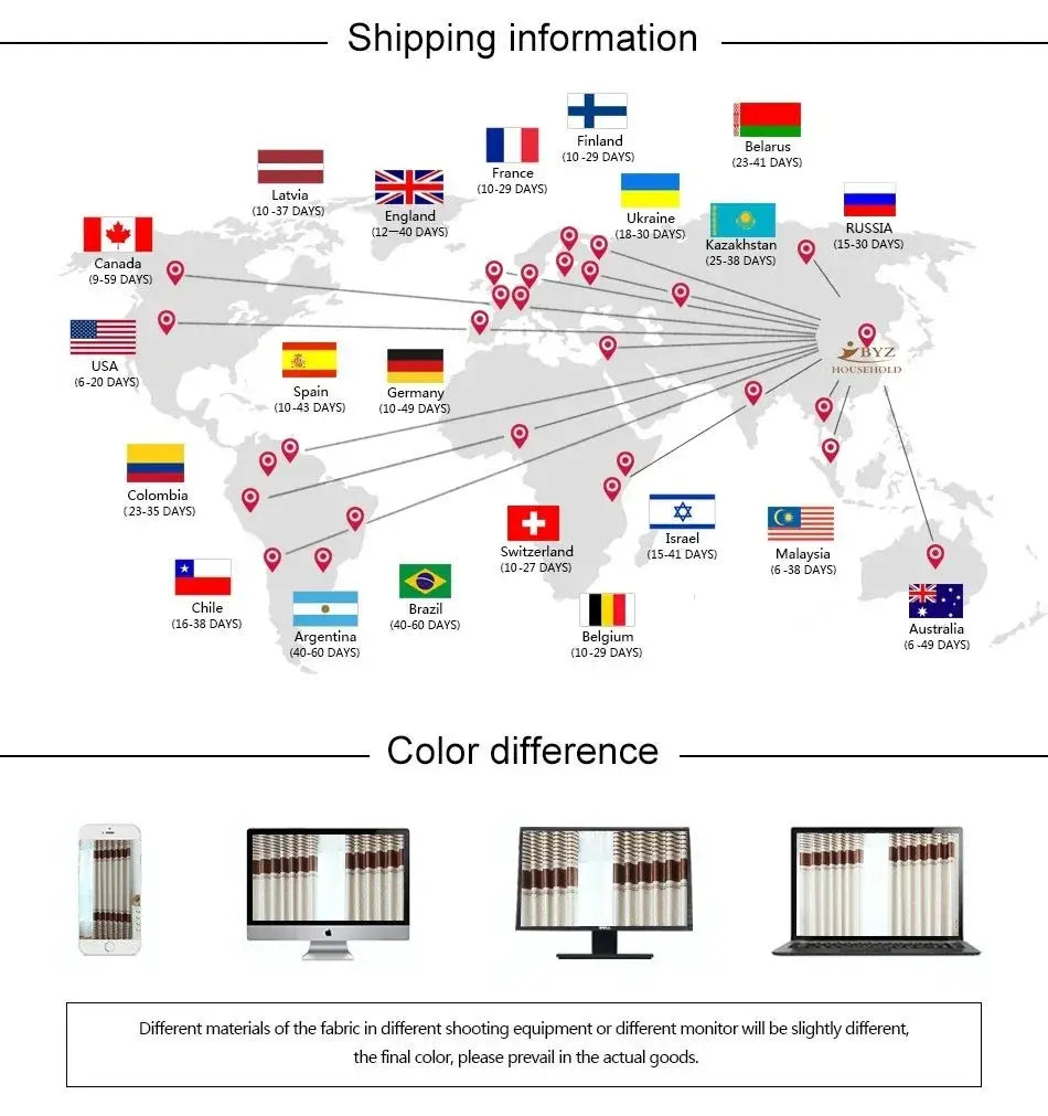 World map displaying shipping times to various countries with flags and estimated delivery days for French green velvet embroidered curtains featuring tassel tieback beads.