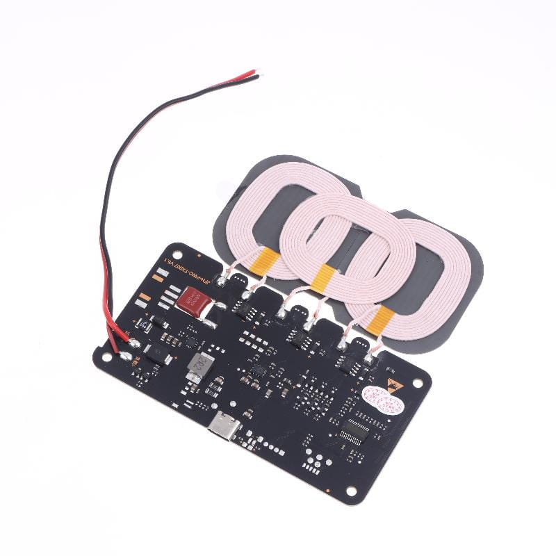 Black 20w wireless charger module for car and home showing the back side with three pink coil antennas and a red usb-c port.