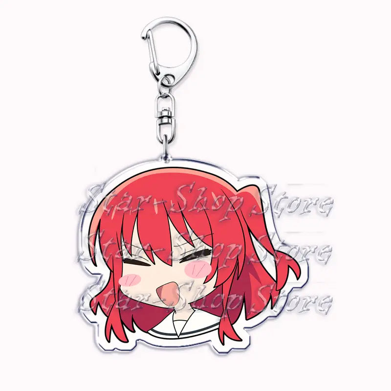 Red-haired anime character acrylic keychain from Bocchi the Rock featuring a clear acrylic design and silver metal clasp.