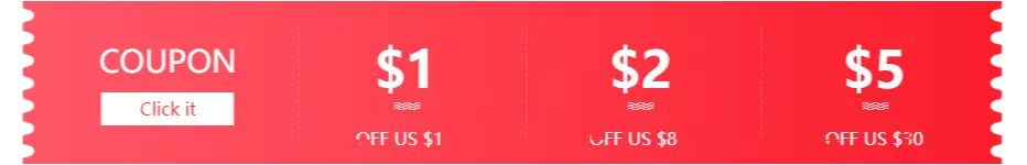 ein roter Gutschein mit Angeboten für Rabatte von 1, 2 und 5 US-Dollar auf einen Verlobungsring aus 18k Gold mit Smaragd und Diamanten, der zu 1 bzw. 8 bzw. 30 US-Dollar angeboten wird.