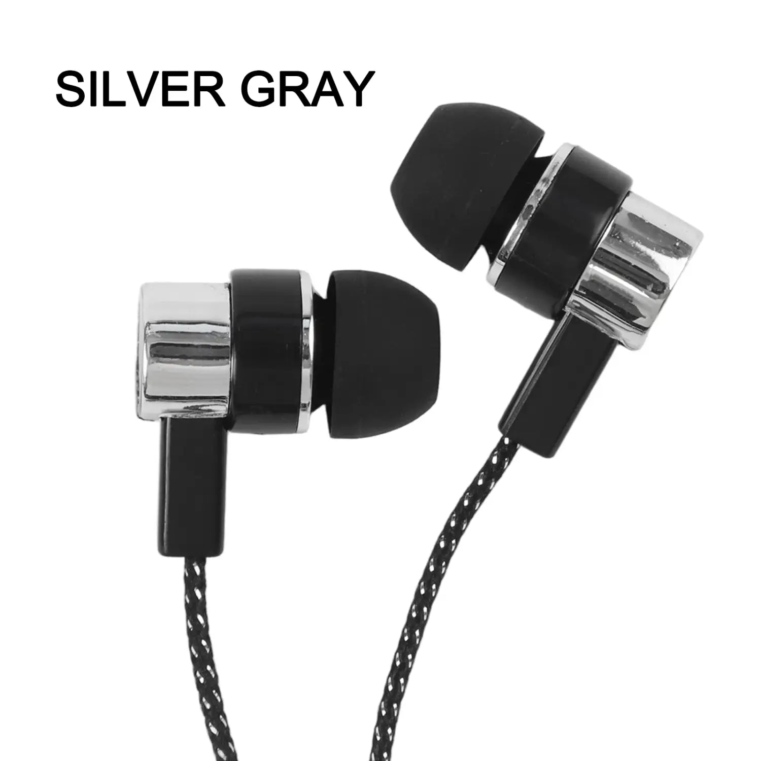 Écouteurs intra-auriculaires stéréo filaires pour basses argent et gris avec embouts en silicone noirs, accents métalliques argentés sur les tiges, et un câble tressé noir avec prise jack 3,5 mm
