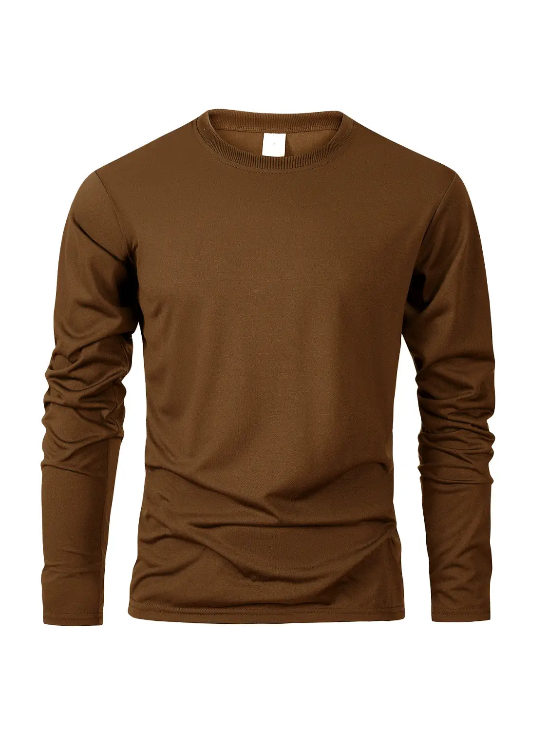 T-shirt à manches longues col rond pour hommes, marron, en tissu doux à évacuation de l’humidité