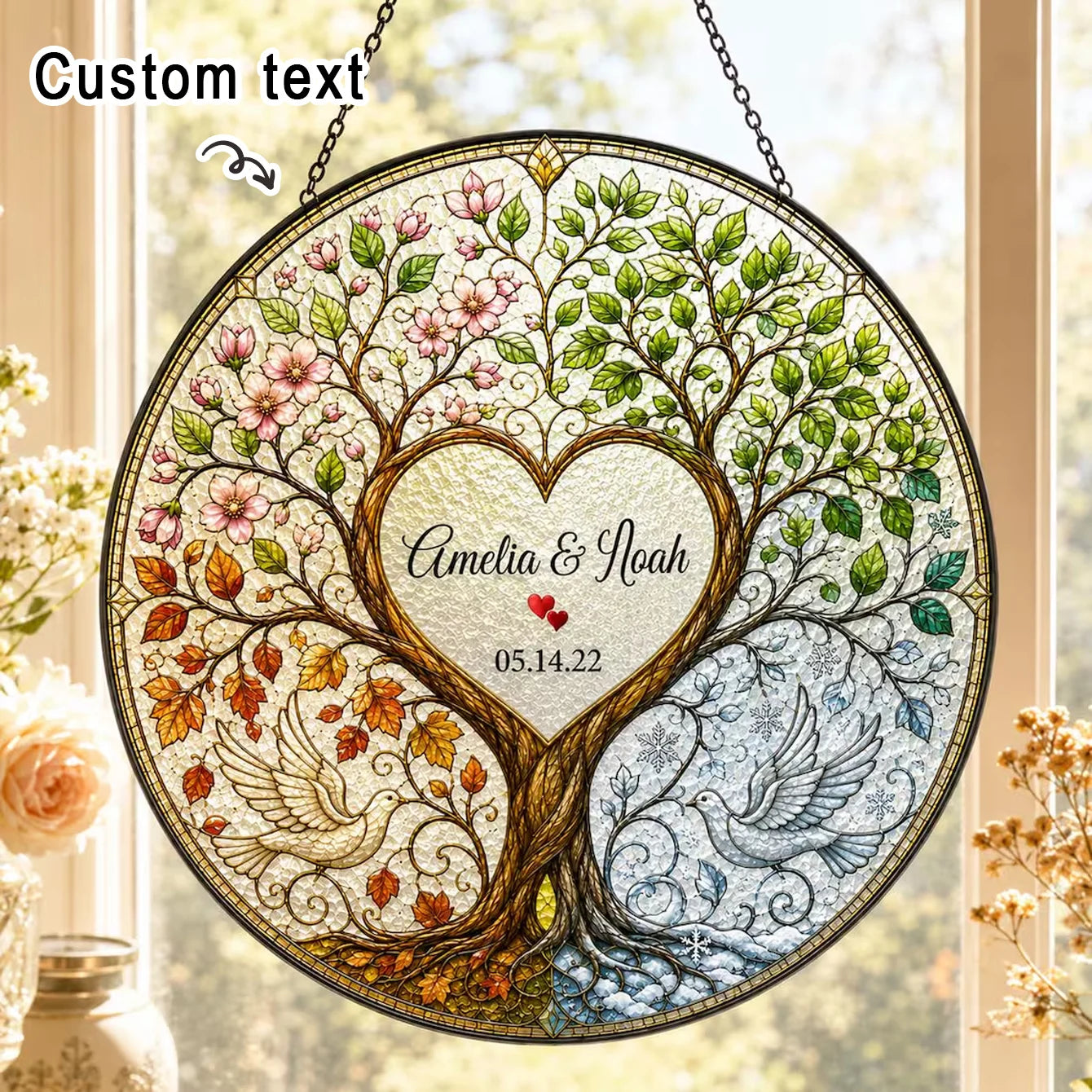 Personalized wedding anniversary gift, Four Seasons Tree of Life stained glass hanging ornament, customizable couple's window hanging souvenir, personalized Tree of Life commemorative pendant, engraved with names and a