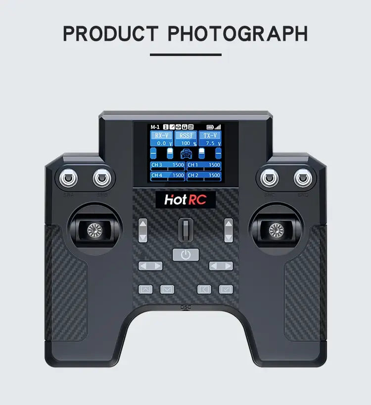 Black hotrc ht-8a remote control transmitter kit features carbon fiber textured grips and a digital display screen with power supply functionality.