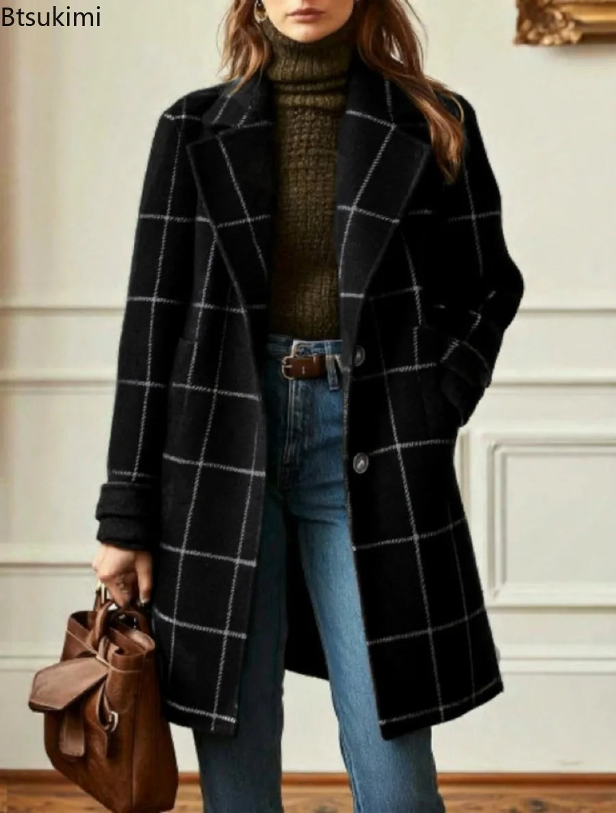 Winter Women's Wool Mid Length Coats Jackets Blends Plaid Turn Down Collar Coat Thick Warm Y2k Streetwear Jacket Work Outerwear