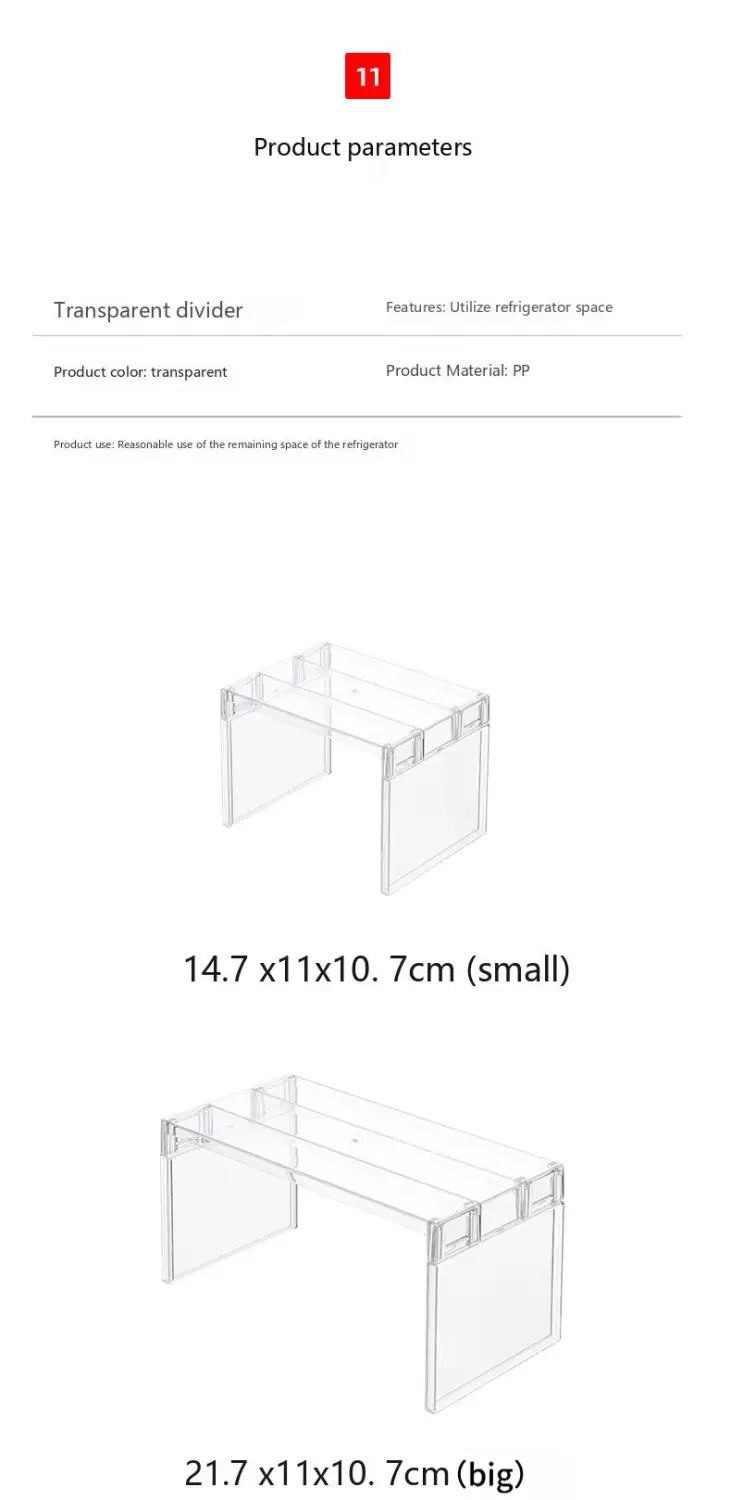 Clear expandable cabinet organizer and spice rack featuring a clear plastic refrigerator divider with a simple rectangular design and reinforced edges.