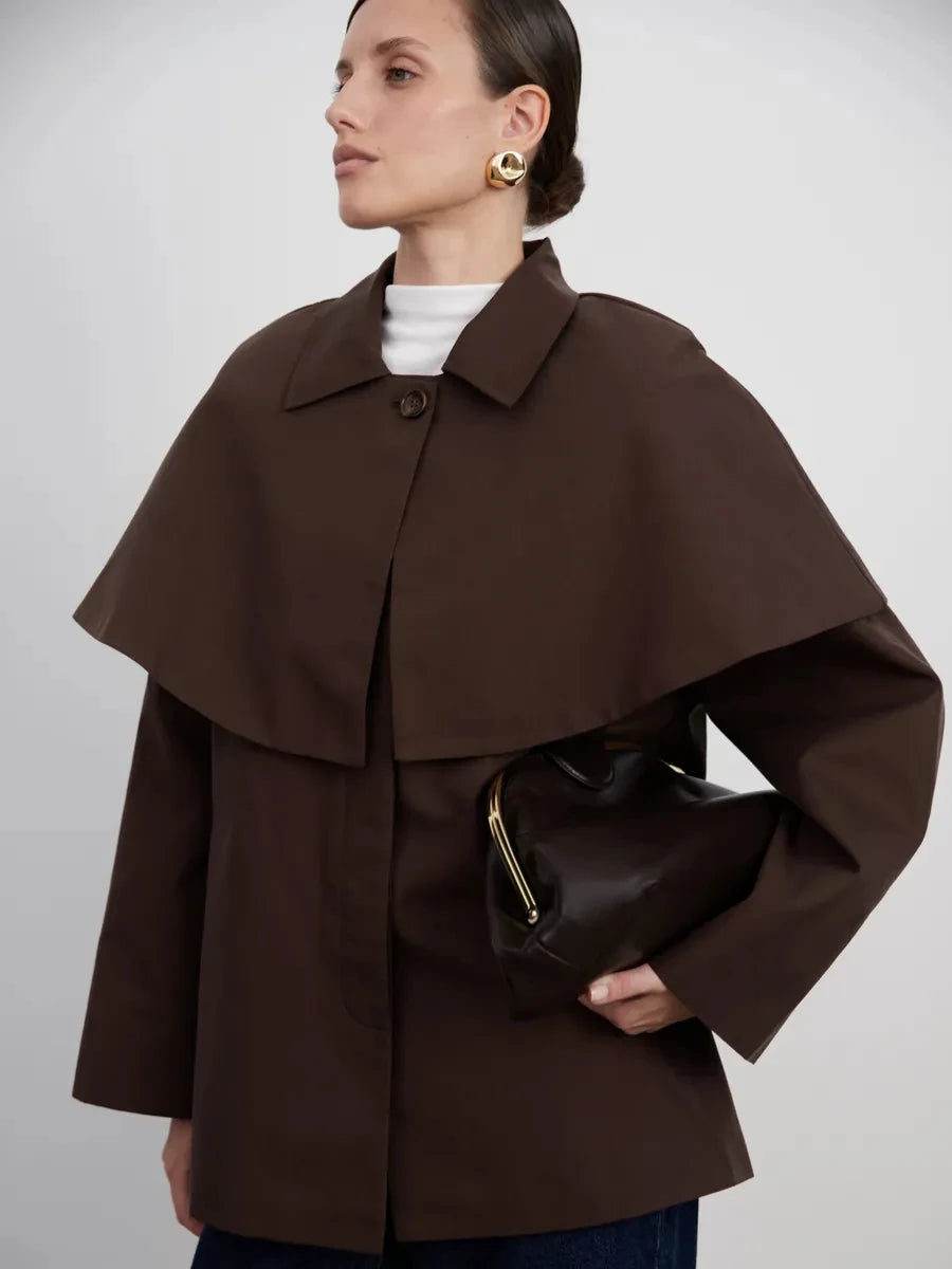 2026 Autumn Winter Women Trench Coat Cape Overlay Belted Waist Single Button Mid Length Jacket