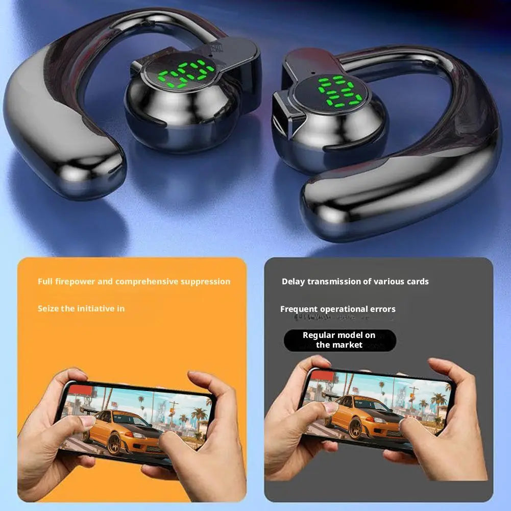 Casques sport à crochet d’oreille Bluetooth 5.4 à oreille ouverte noirs, avec design courbé élégant et affichages numériques verts sur la face avant.
