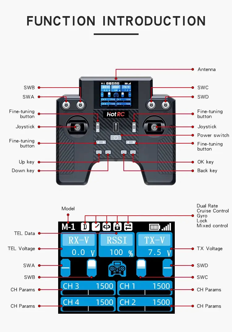 black hotrc m-1 remote control transmitter with digital display and dual joysticks included in the ht-8a power supply remote control kit