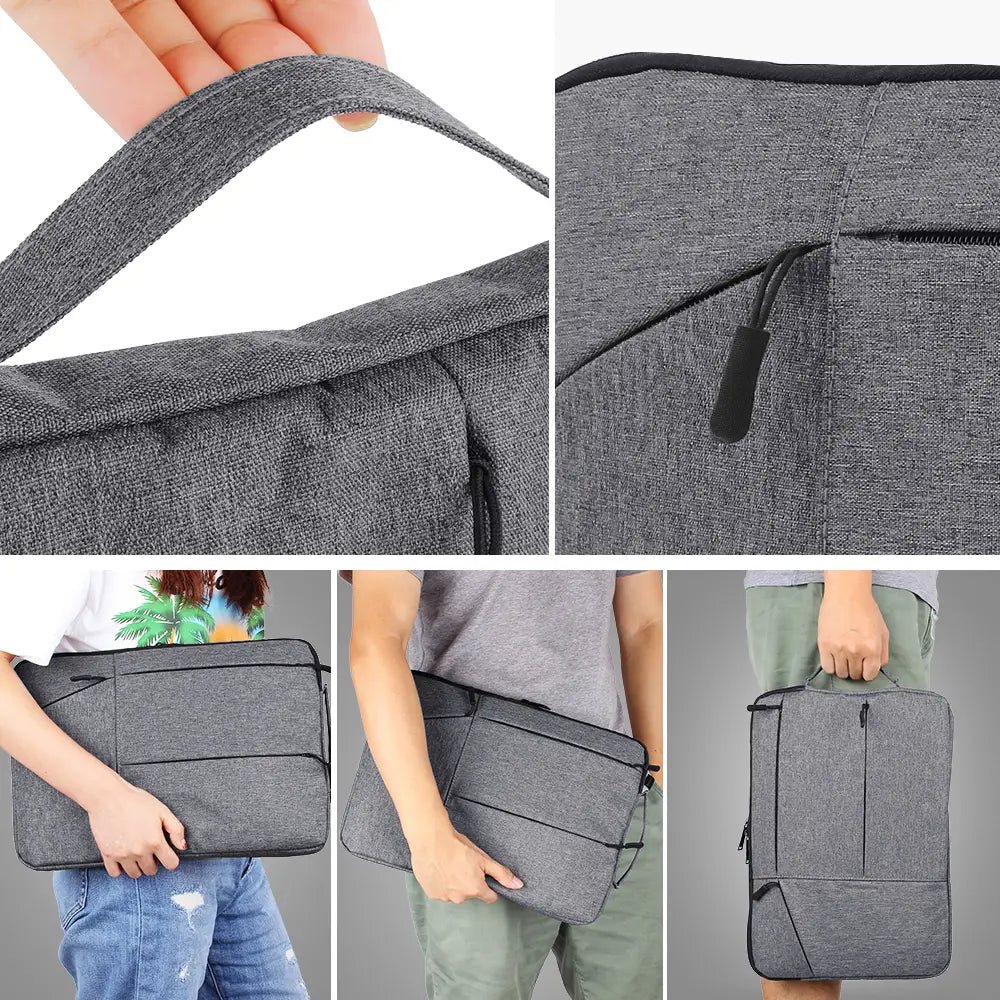 Gray textured laptop sleeve bag with black zipper accents and a top handle designed for Macbook Air and Pro models.