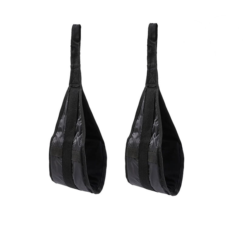 Black fabric suspension rings with reinforced straps and padded interior designed for heavy duty hanging leg raise straps.
