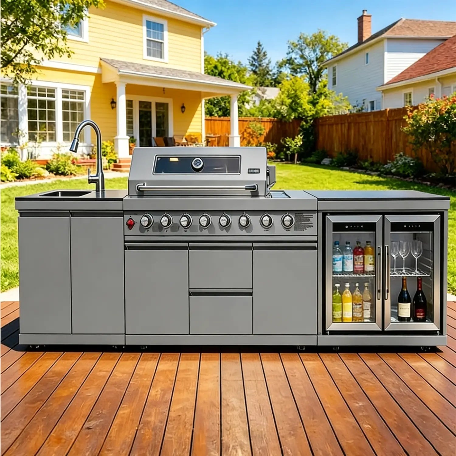 Edelstahl-Outdoorkücheninsel und Grill-Set mit integriertem Grill, Waschbecken und zwei Kühlschränken mit Glastüren für Outdoor-Kochen und Unterhaltung.