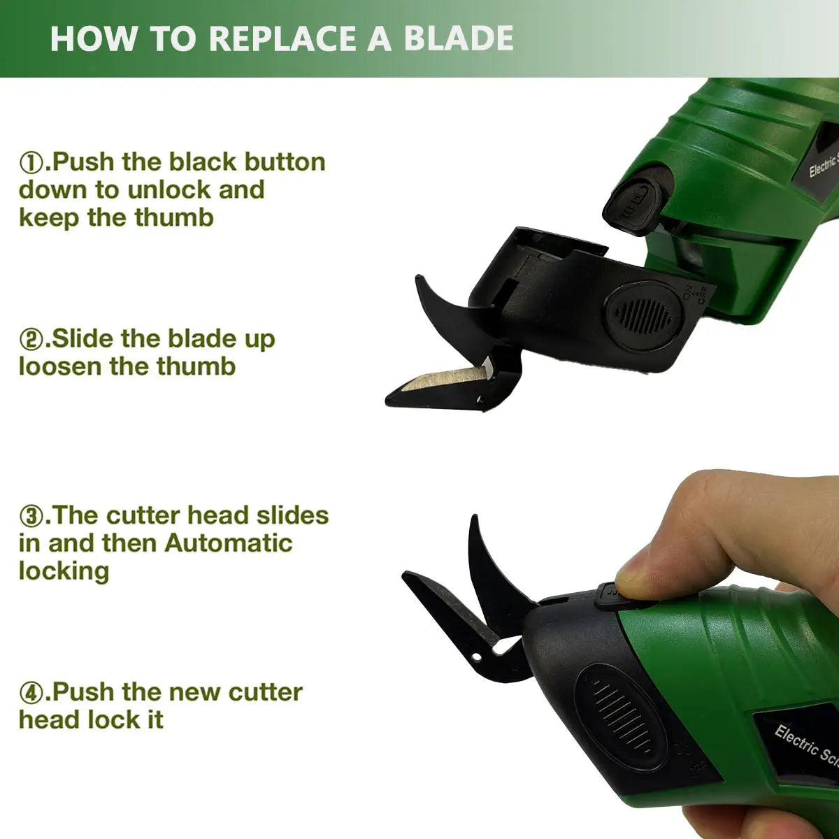 Green and black electric pruning shears with textured grip featuring cordless USB rechargeable fabric cutter functionality.