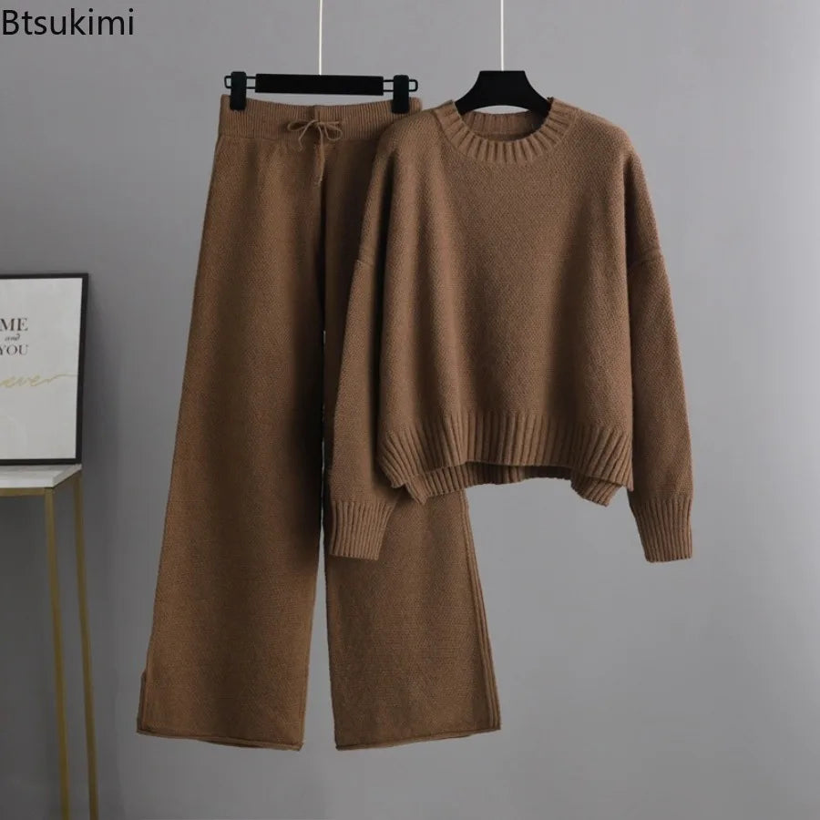 Winter Thick Knitted 2 Piece Sets Women Half Turtleneck Knitwears Sweater Loose Pullover Tops High Waist Wide-leg Pants Outfit