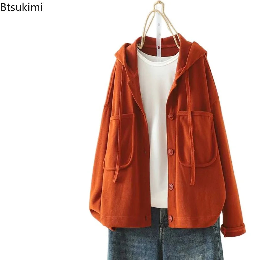 New Women's Casual Loose Hoodies Solid Color Cotton Simple Coats Spring Autumn Double Pockets Hooded Jackets Women Sweatshirts