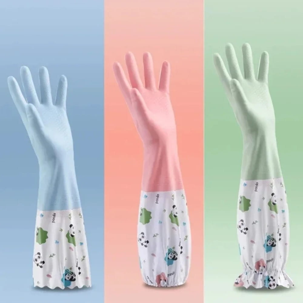 Pastel-colored waterproof cleaning gloves made of rubber with a panda-patterned elastic cuff shown from the back side.