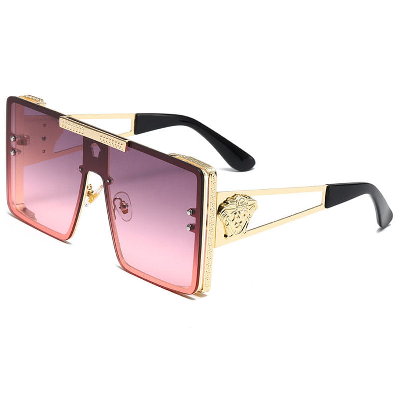 Gold-framed polarized oversized metal sunglasses for adults with gradient pink lenses and medusa head emblem on the temple.