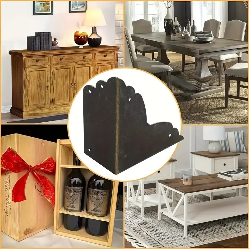 Sujetador de libros de metal color negro con diseño de borde ondulado, utilizado como protector de esquinas para muebles y mesas