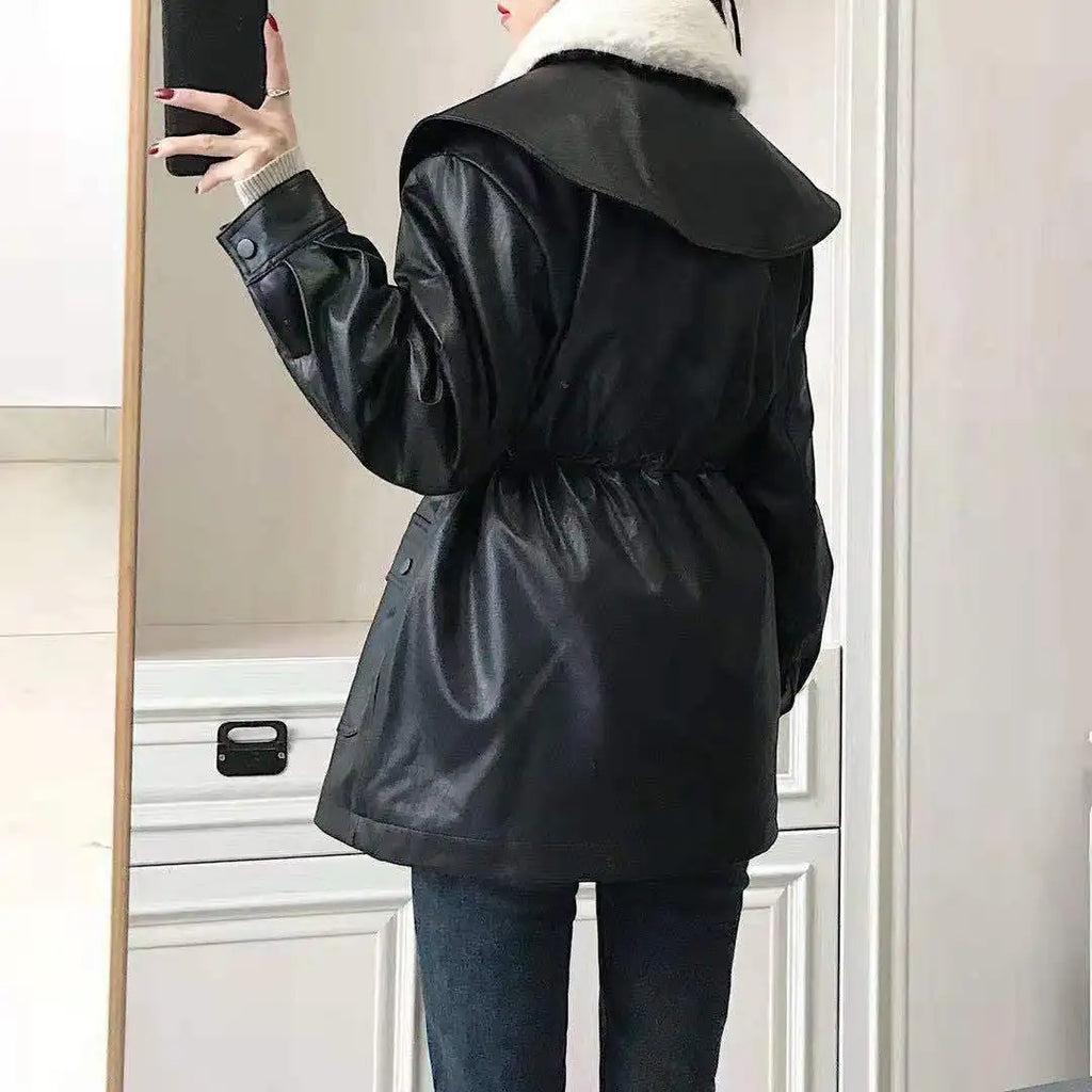 Women's Black Leather Jacket 2025 Autumn Winter Retro Loose Small Size Plus Size Thickened Fleece PU Biker Jacket