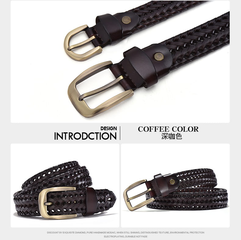 Ceinture en cuir tressé pour hommes de couleur café, avec boucle en laiton et languette en cuir marron assortie, réalisée à partir d’une sangle en cuir de vache décontractée.