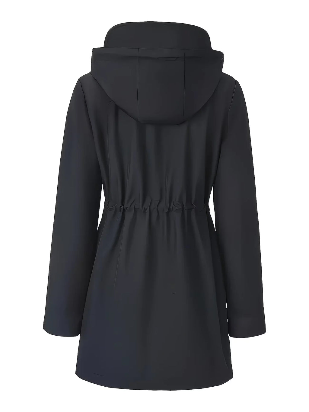 Women's mid-length hooded zipper trench jacket, featuring a full-zip front placket and adjustable hood pocket