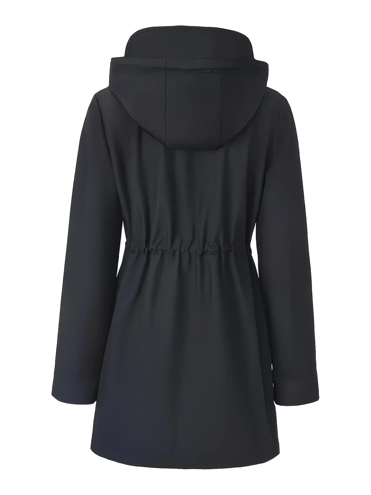 Women's mid-length hooded zipper trench jacket, featuring a full-zip front placket and adjustable hood pocket