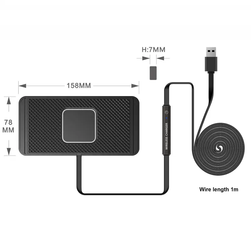 Black 15w fast wireless car charger pad with textured surface and central square charging area connected by a 1-meter usb cable.