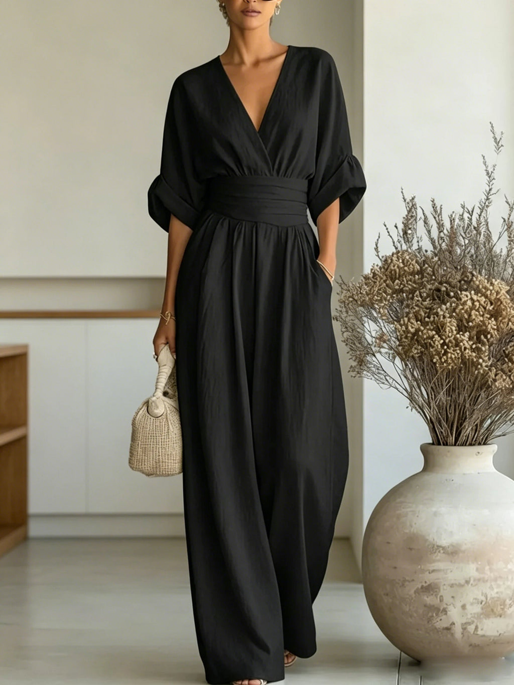 Women V Neck Jumpsuit Batwing Short Sleeve Wide Leg Long Pants Romper Elastic Waist Pleated Casual Party Jumpsuit Multiple Color