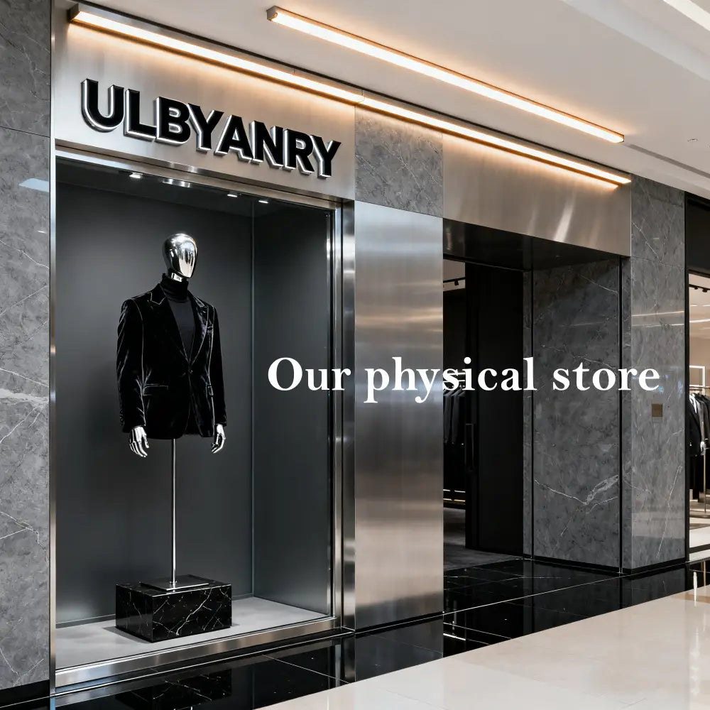 veste de costume en velours à double boutonnage noire couleur émeraude, affichée sur un mannequin dans la vitrine du magasin officiel ulbyanry, mettant en avant un service client premium et un design élégant